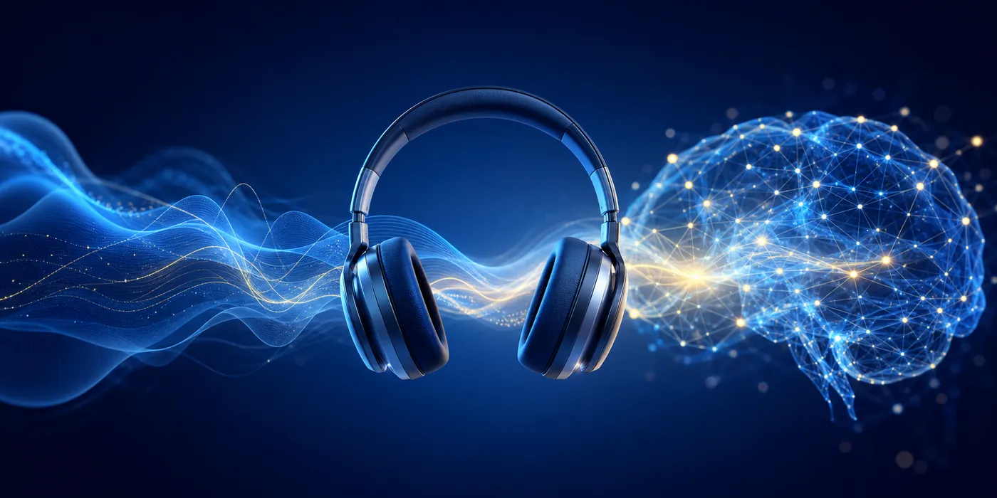 Conceptual headphones, layered sound waves, and an abstract neural network
