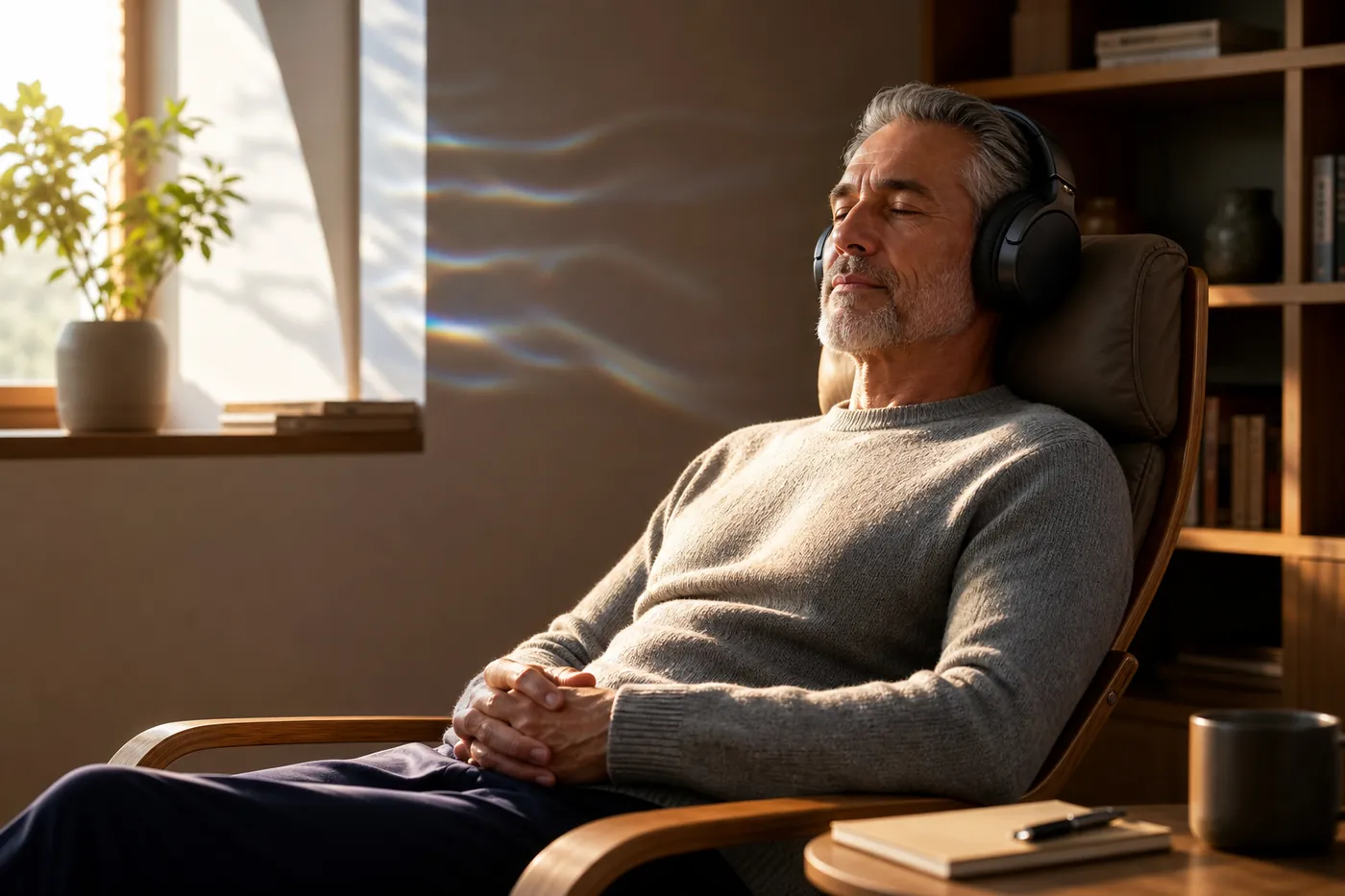 Adult making a calm, informed audio-routine decision in a sunlit reading space