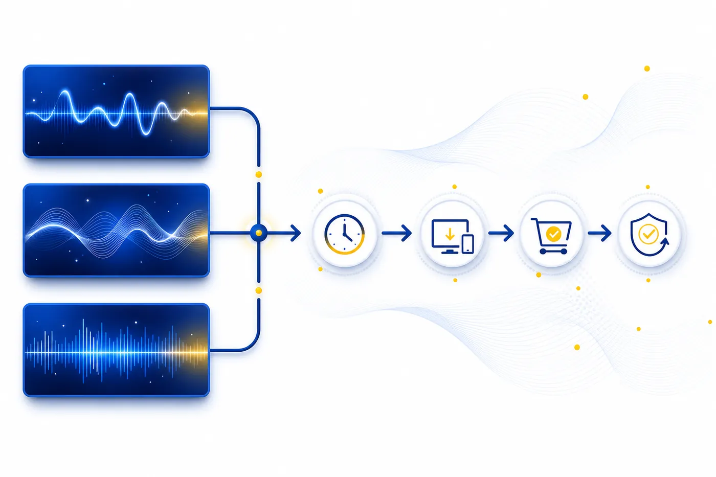 Three audio paths connected to time, digital access, checkout, and support checks