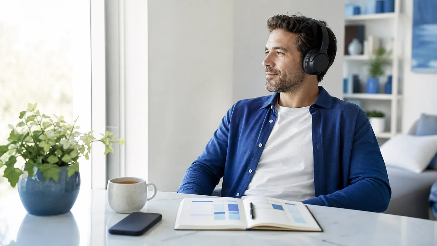 Adult using headphones during a calm morning desk routine with a planner